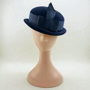 Vintage 1950s Navy Fur Felt Derby Bowler Hat Jacques Chapeaux